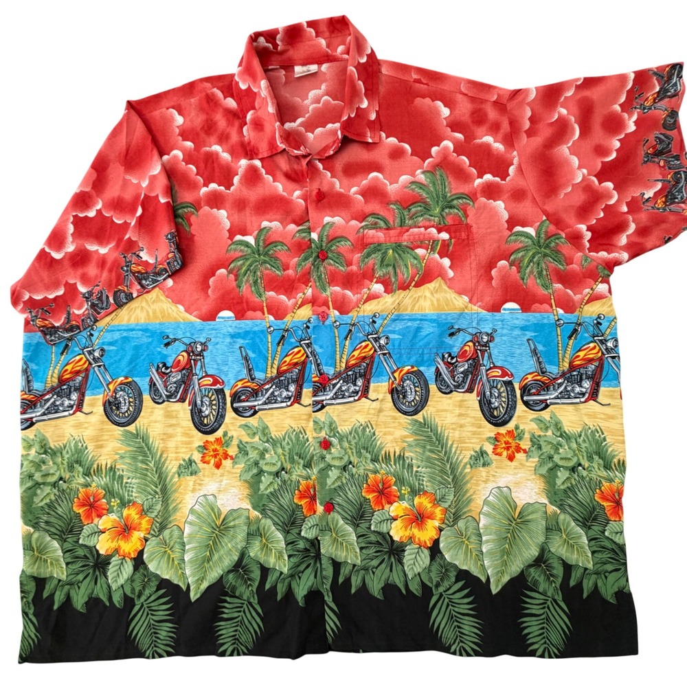 Rima Beachworld Mens XXL Red Motorcycle Tropical Beach Scene Short Sleeve Shirt